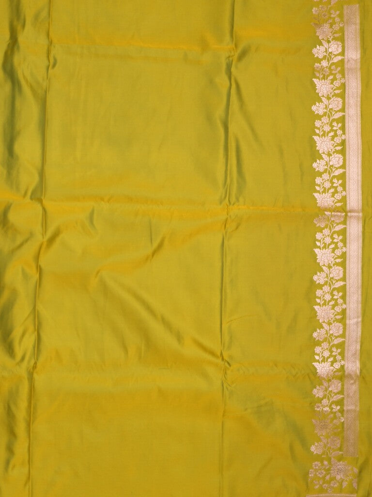Satin silk fancy saree olive green color allover motifs & zari border with rich pallu and attached blouse