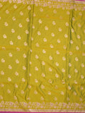 Satin silk fancy saree olive green color allover motifs & zari border with rich pallu and attached blouse