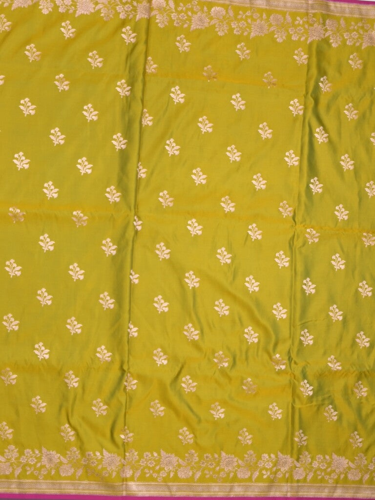 Satin silk fancy saree olive green color allover motifs & zari border with rich pallu and attached blouse