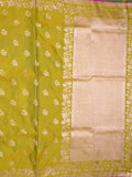 Satin silk fancy saree olive green color allover motifs & zari border with rich pallu and attached blouse
