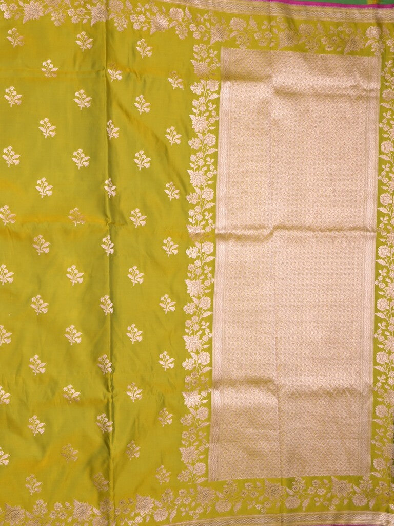Satin silk fancy saree olive green color allover motifs & zari border with rich pallu and attached blouse