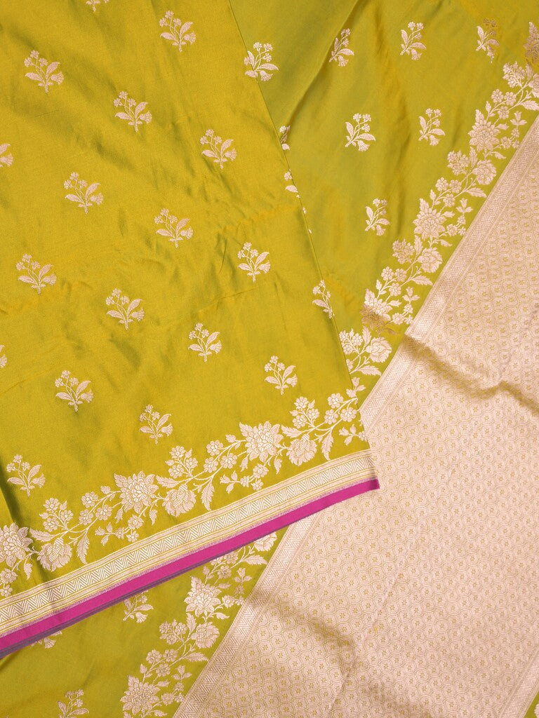 Satin silk fancy saree olive green color allover motifs & zari border with rich pallu and attached blouse