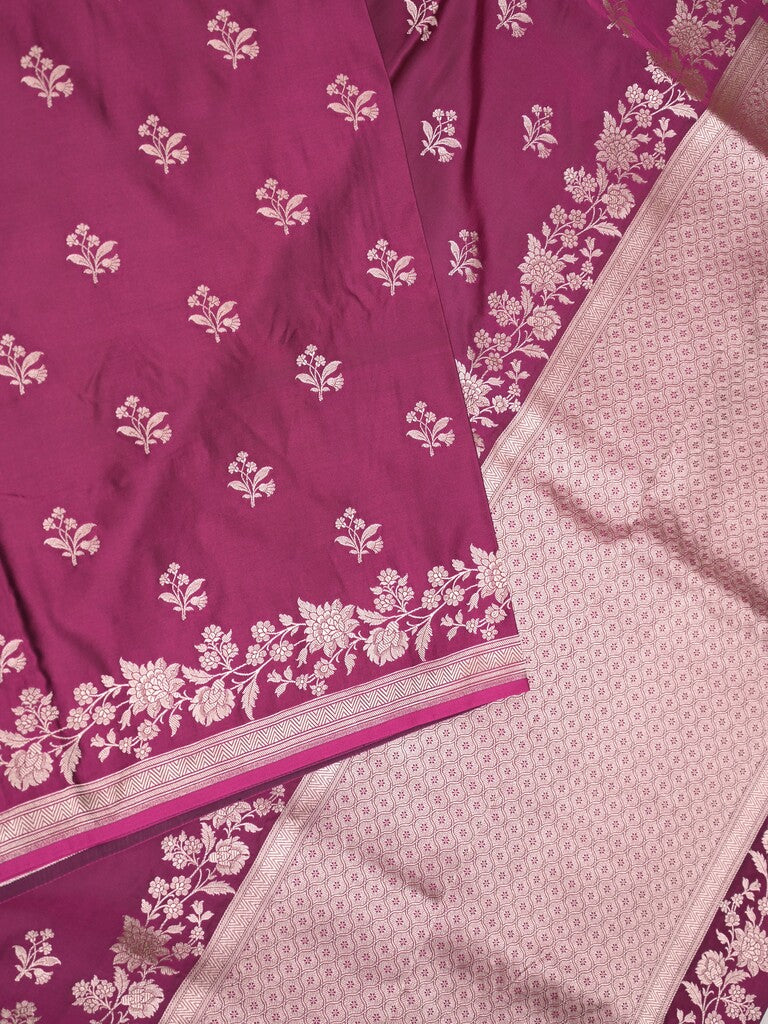 Satin silk fancy saree wine color allover motifs & zari border with rich pallu and attached blouse