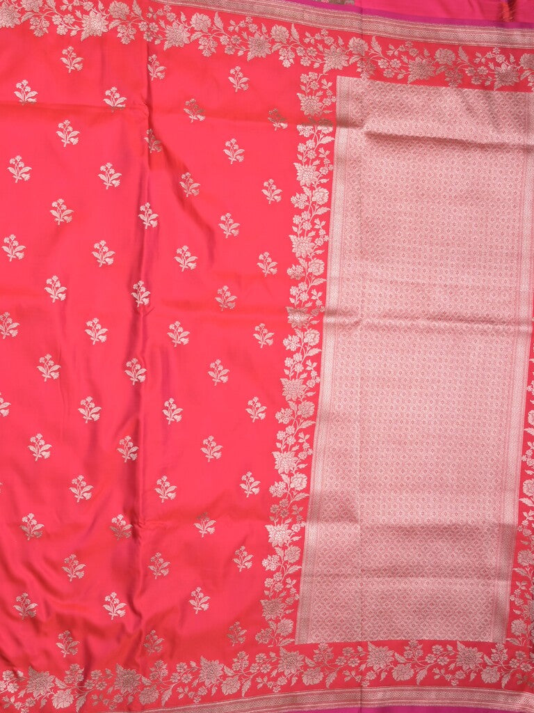 Satin silk fancy saree pink color allover motifs & zari border with rich pallu and attached blouse