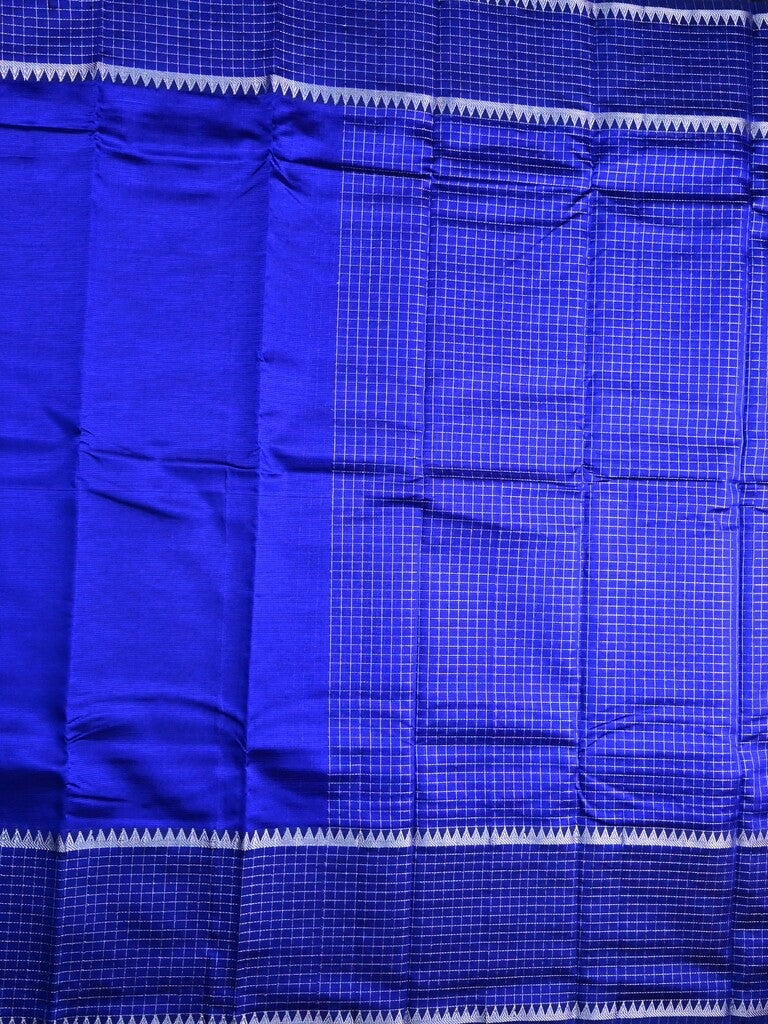 Mangalagiri fancy saree royal blue color allover plain & zari kaddi border with checks pallu and self blouse