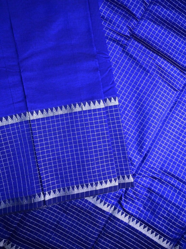 Mangalagiri fancy saree royal blue color allover plain & zari kaddi border with checks pallu and self blouse