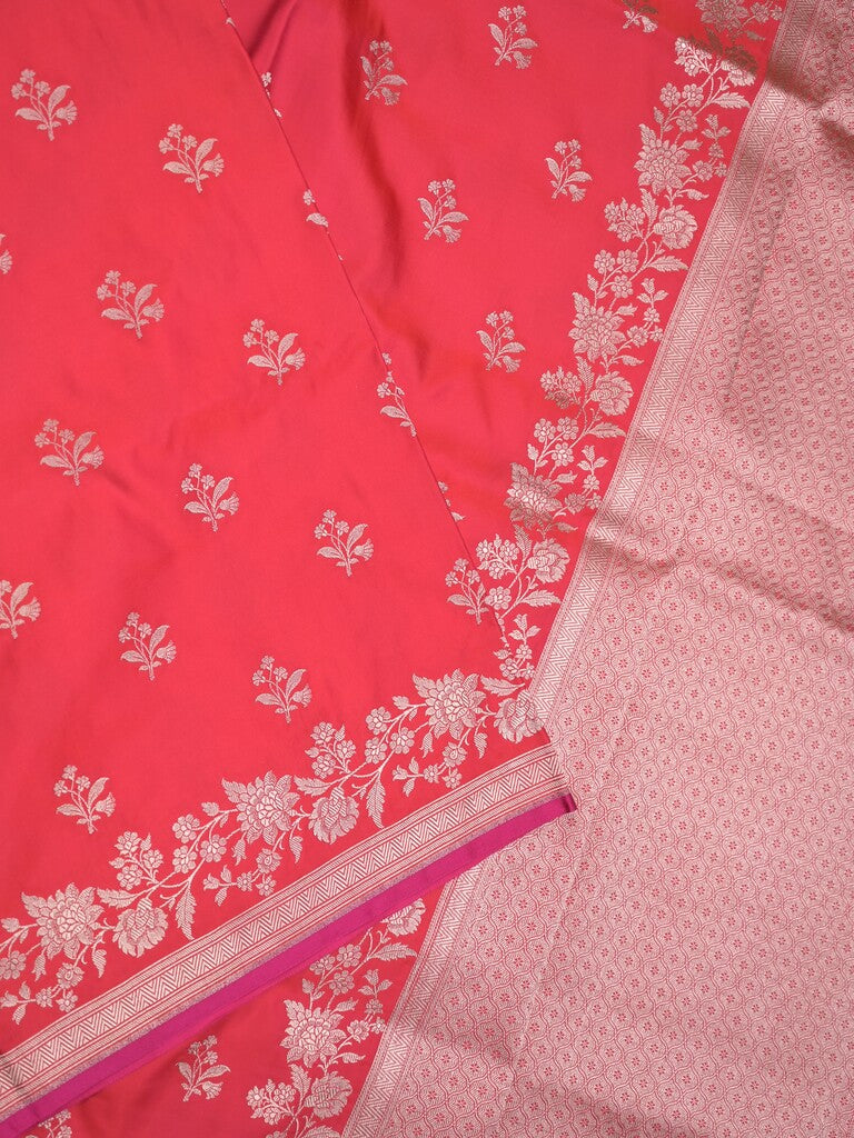 Satin silk fancy saree pink color allover motifs & zari border with rich pallu and attached blouse
