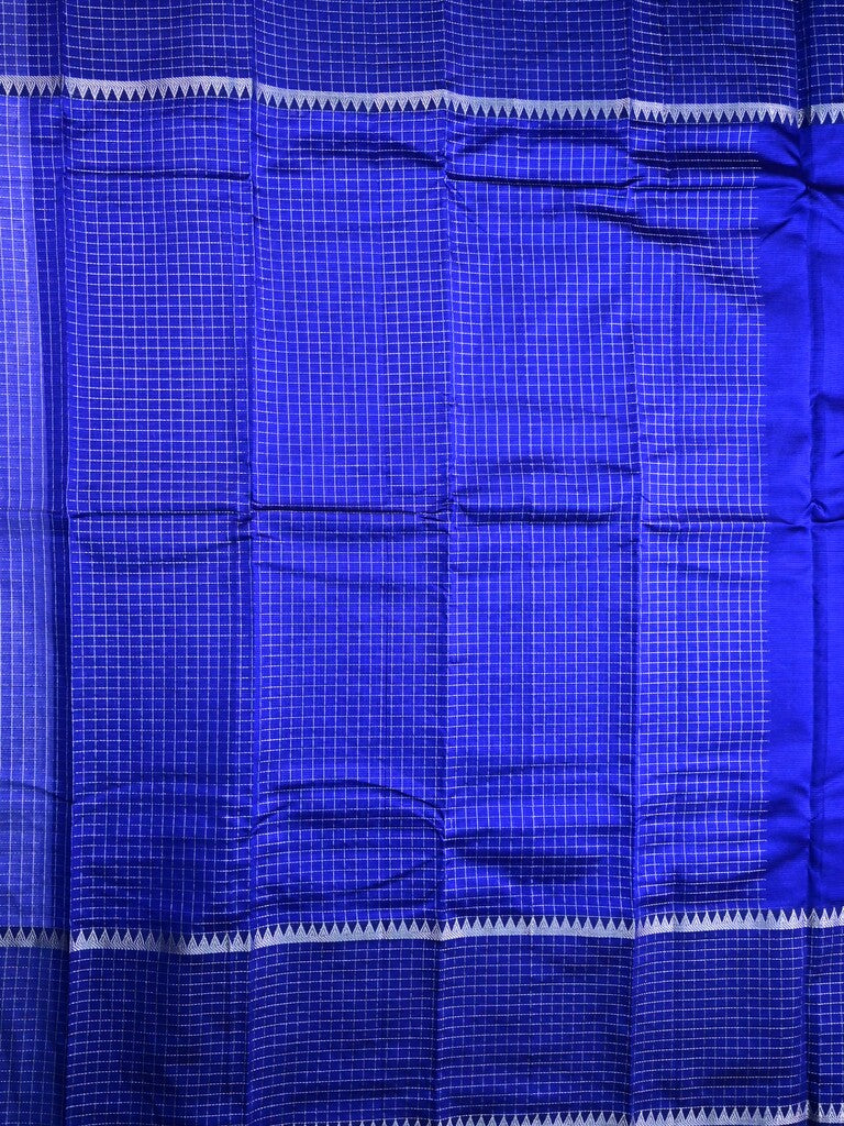 Mangalagiri fancy saree royal blue color allover plain & zari kaddi border with checks pallu and self blouse