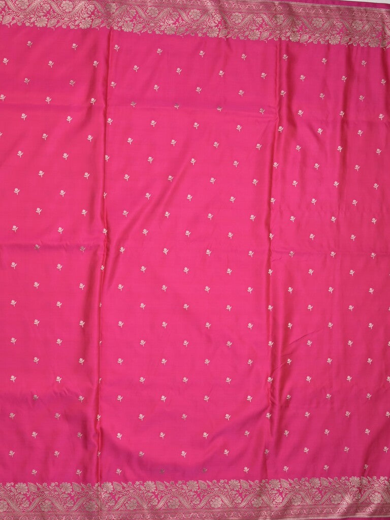 Satin silk fancy saree pink color allover motifs & zari border with rich pallu and attached blouse
