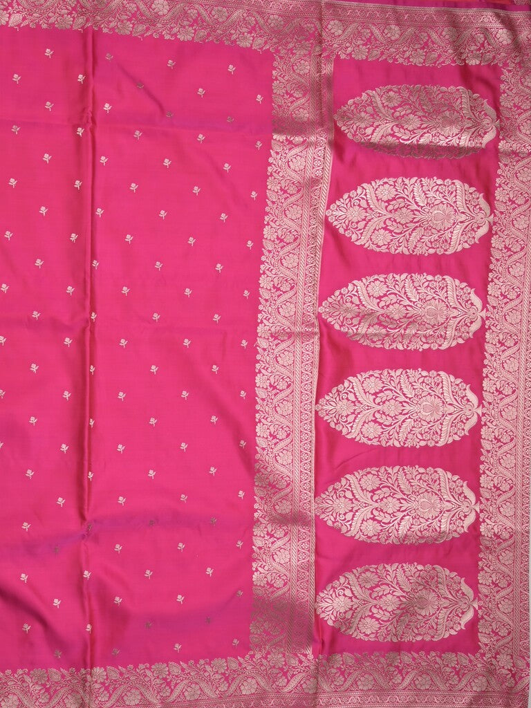 Satin silk fancy saree pink color allover motifs & zari border with rich pallu and attached blouse