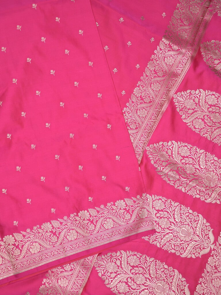 Satin silk fancy saree pink color allover motifs & zari border with rich pallu and attached blouse