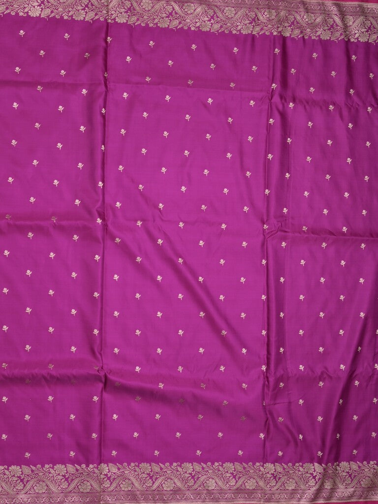 Satin silk fancy saree violet color allover motifs & zari border with rich pallu and attached blouse