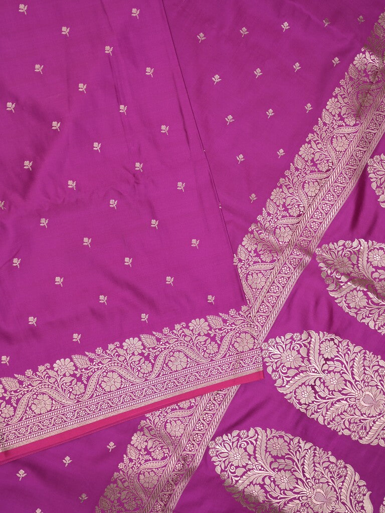Satin silk fancy saree violet color allover motifs & zari border with rich pallu and attached blouse