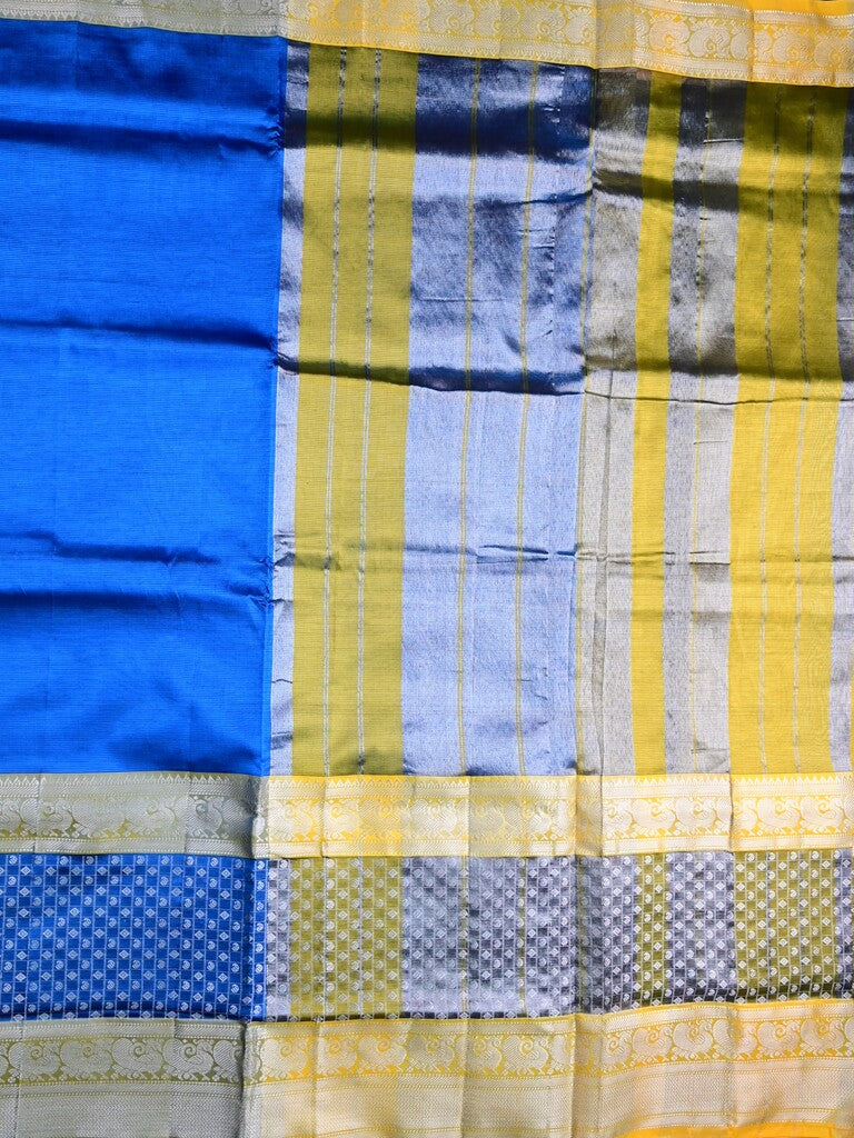 Mangalagiri fancy saree sky blue color allover plain & zari border with stripes pallu and contrast plain blouse