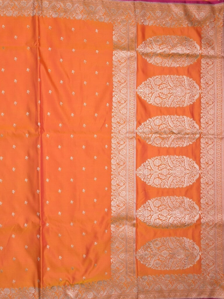 Satin silk fancy saree orange color allover motifs & zari border with rich pallu and attached blouse