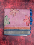 Tussar fancy saree onion pink color allover digital prints & small zari border with printed pallu and printed blouse