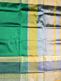 Mangalagiri fancy saree bottle green color allover plain & zari border with stripes pallu and contrast plain blouse