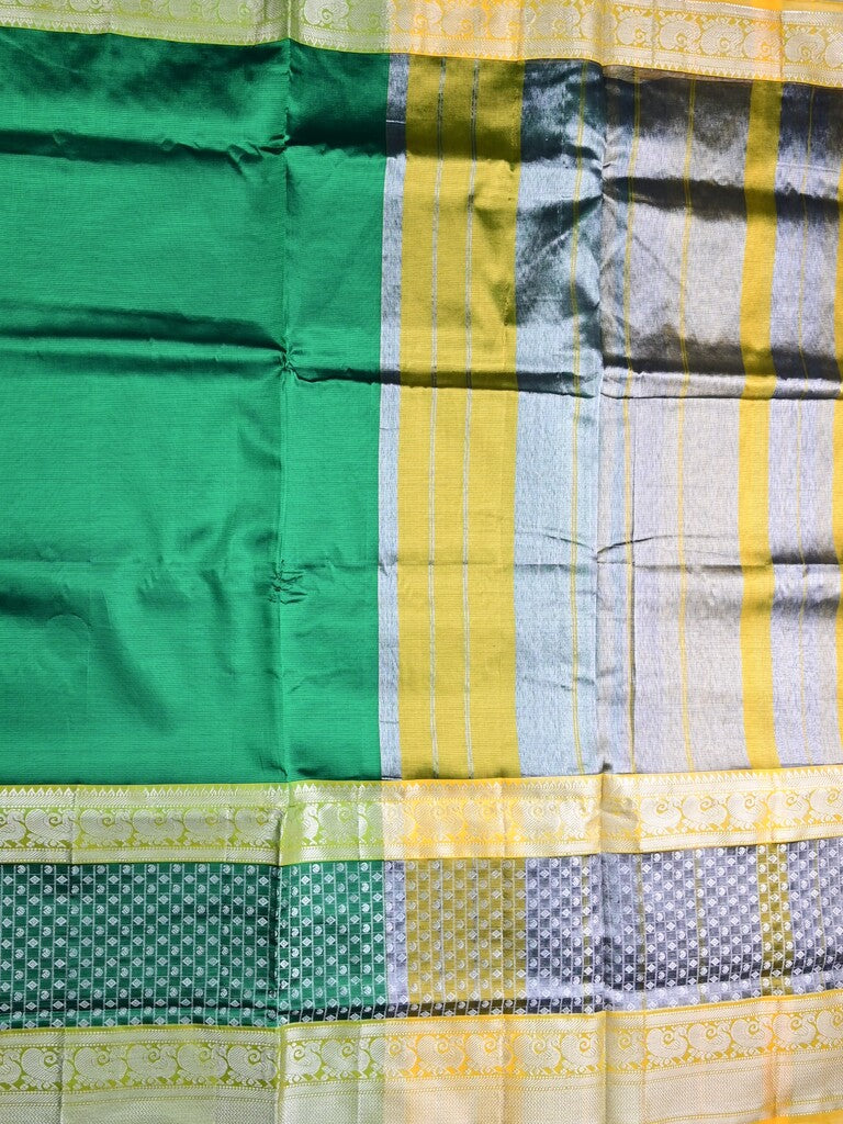 Mangalagiri fancy saree bottle green color allover plain & zari border with stripes pallu and contrast plain blouse