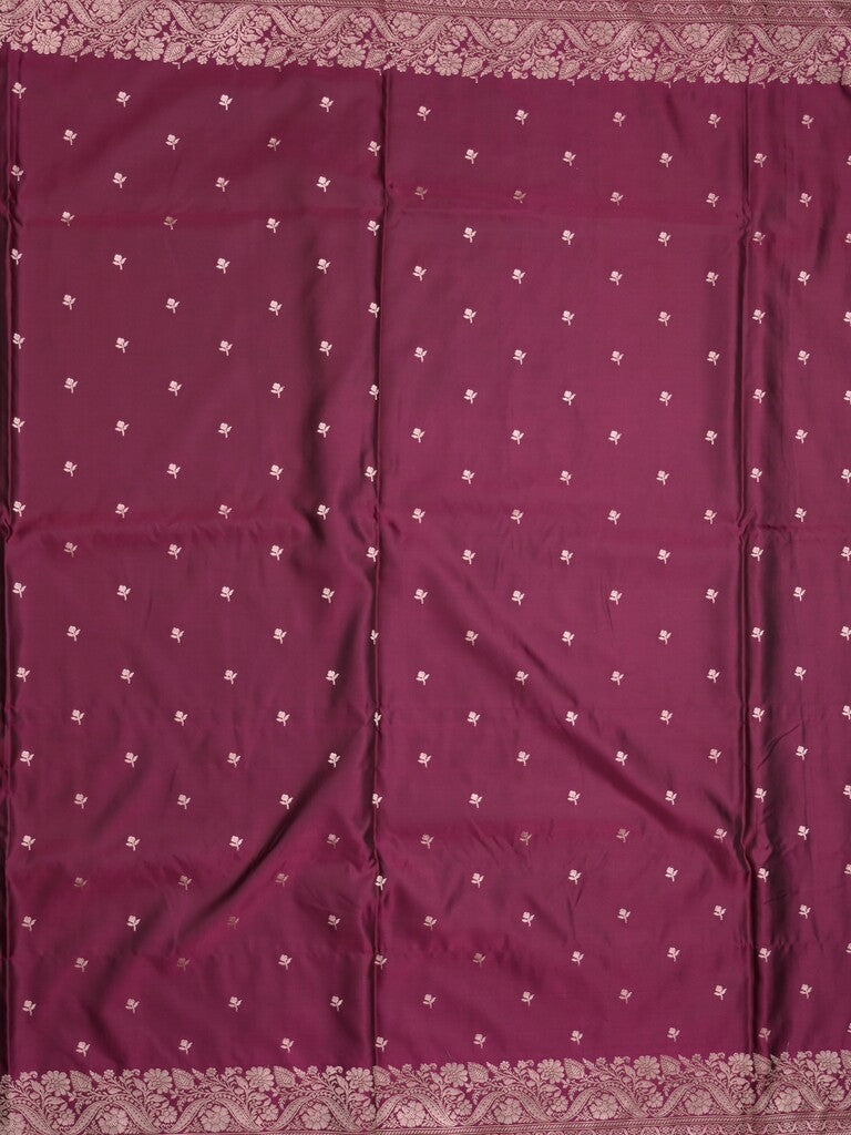 Satin silk fancy saree wine color allover motifs & zari border with rich pallu and attached blouse