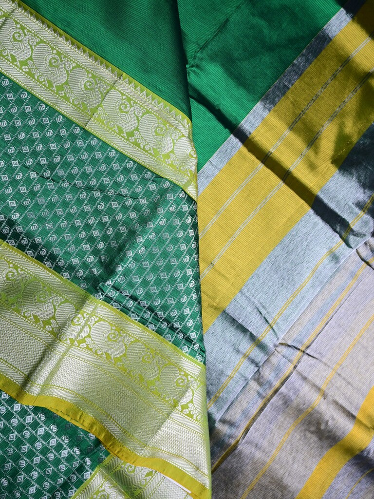 Mangalagiri fancy saree bottle green color allover plain & zari border with stripes pallu and contrast plain blouse