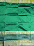 Mangalagiri fancy saree bottle green color allover plain & zari border with stripes pallu and contrast plain blouse