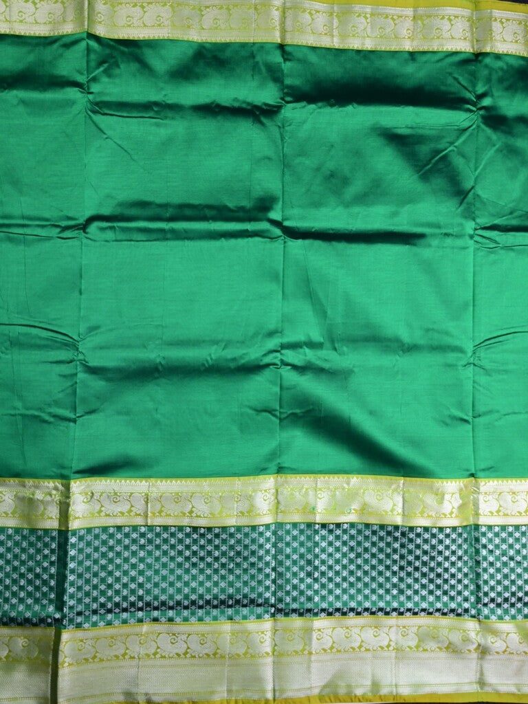 Mangalagiri fancy saree bottle green color allover plain & zari border with stripes pallu and contrast plain blouse