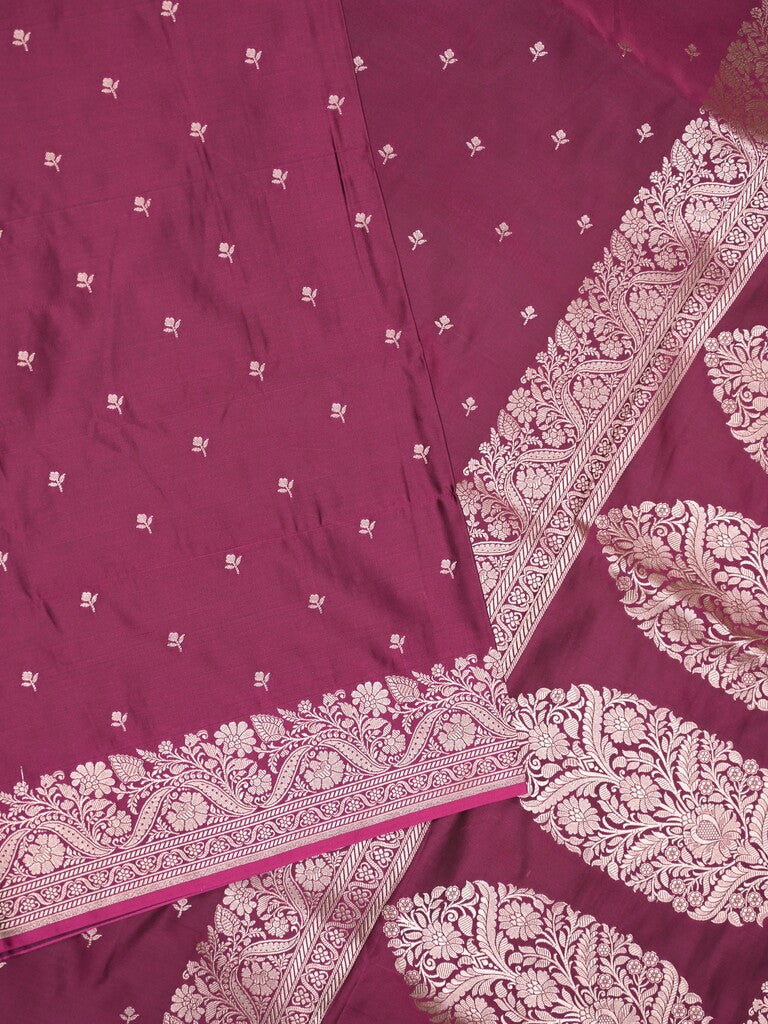 Satin silk fancy saree wine color allover motifs & zari border with rich pallu and attached blouse