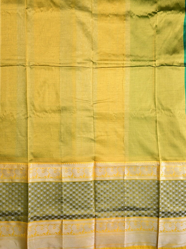 Mangalagiri fancy saree bottle green color allover plain & zari border with stripes pallu and contrast plain blouse