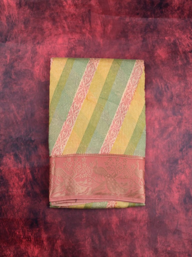 Maheswari fancy saree yellow and green color allover stripes & zari border with contrast pallu and printed blouse