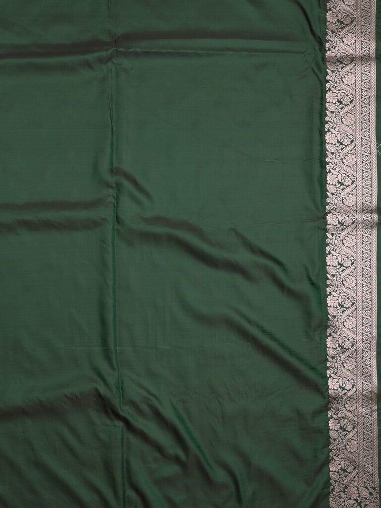 Satin silk fancy saree dark green color allover motifs & zari border with rich pallu and attached blouse