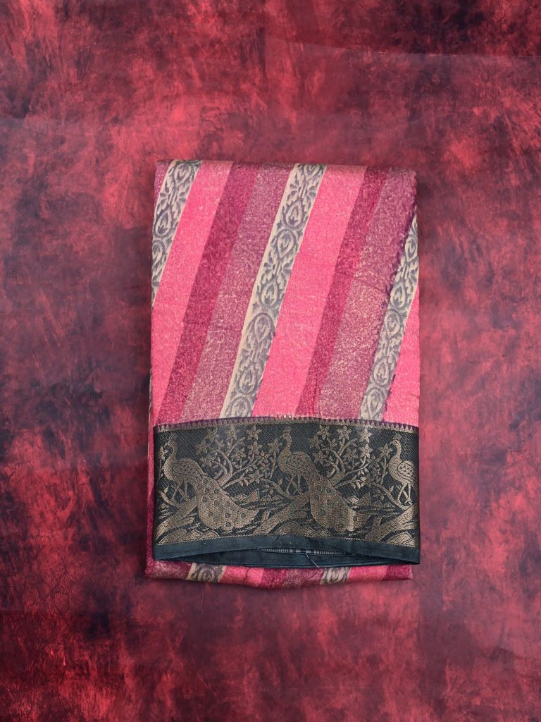 Maheswari fancy saree pink color allover stripes & zari border with contrast pallu and printed blouse