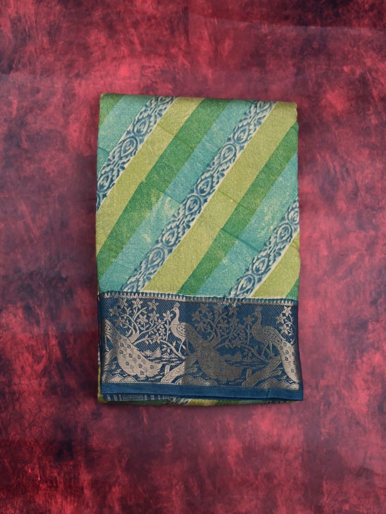 Maheswari fancy saree green color allover stripes & zari border with contrast pallu and printed blouse