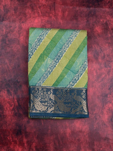 Maheswari fancy saree green color allover stripes & zari border with contrast pallu and printed blouse