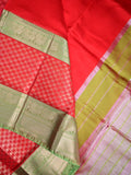 Mangalagiri fancy saree orange color allover plain & zari border with stripes pallu and contrast plain blouse