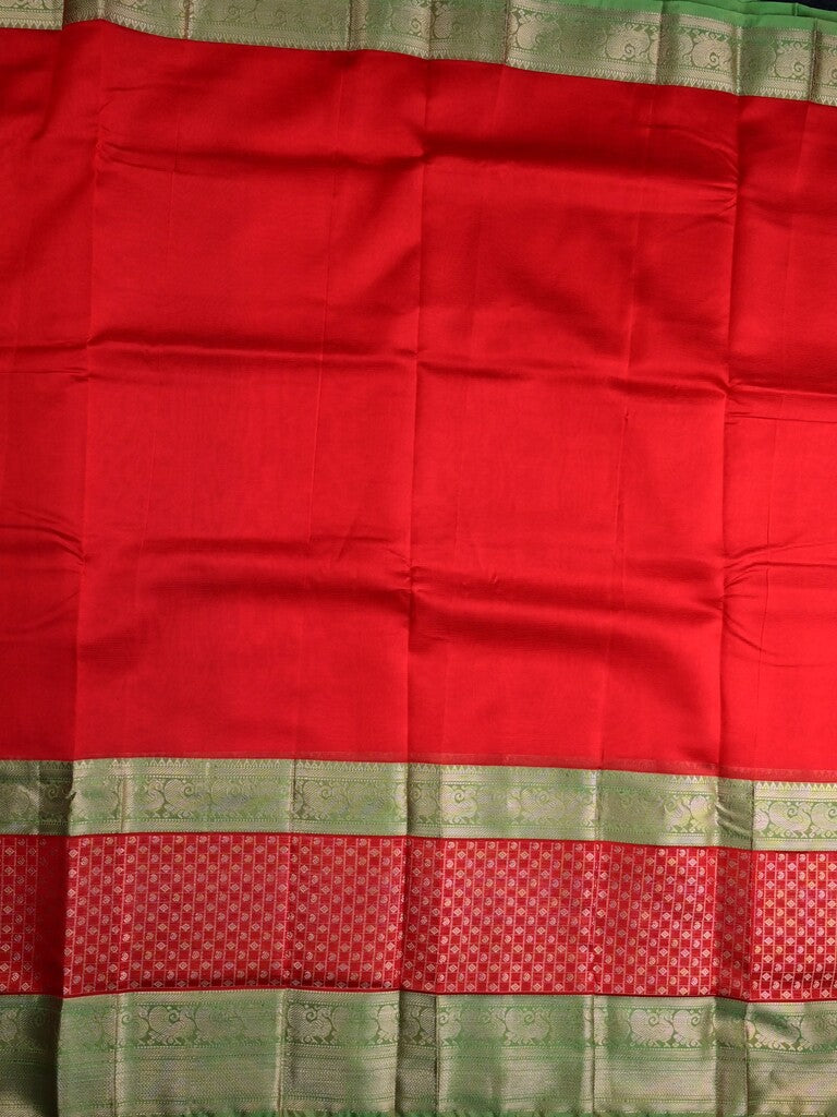 Mangalagiri fancy saree orange color allover plain & zari border with stripes pallu and contrast plain blouse