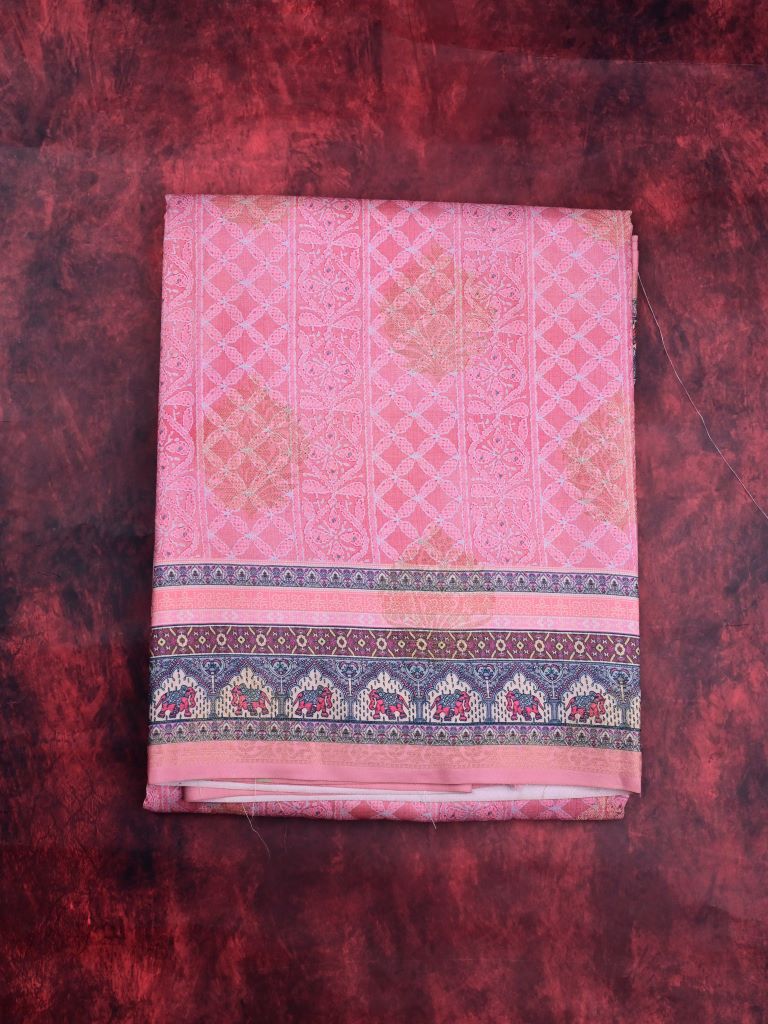 Dupion fancy saree light pink color allover digital prints & printed zari border with rich pallu and brocade blouse