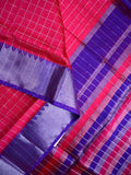 Mangalagiri fancy saree dark pink color allover checks & zari border with stripes pallu and contrast plain blouse