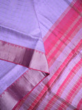 Mangalagiri fancy saree light grey color allover checks & zari border with stripes pallu and contrast plain blouse