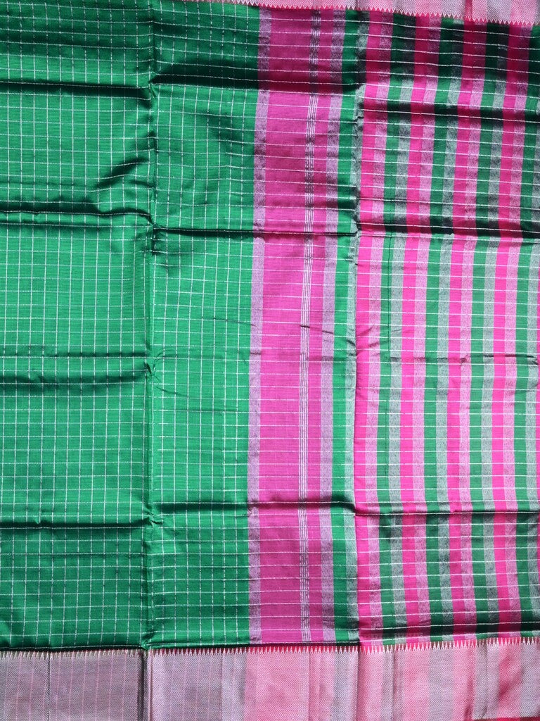 Mangalagiri fancy saree bottle green color allover checks & zari border with stripes pallu and contrast plain blouse