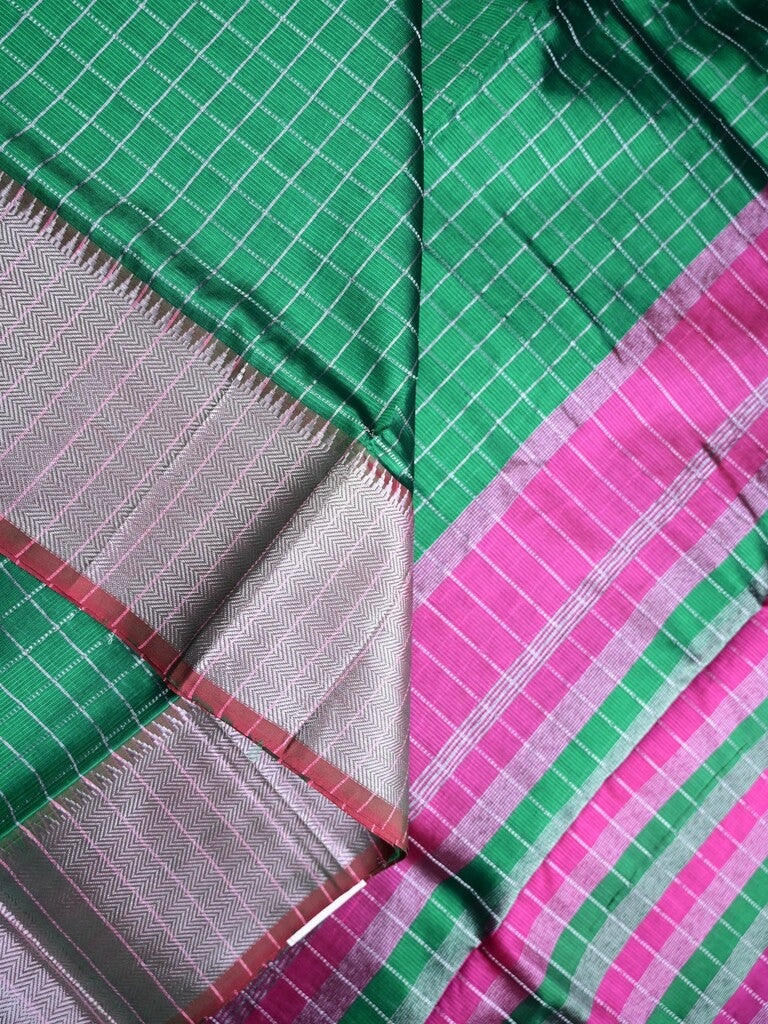 Mangalagiri fancy saree bottle green color allover checks & zari border with stripes pallu and contrast plain blouse