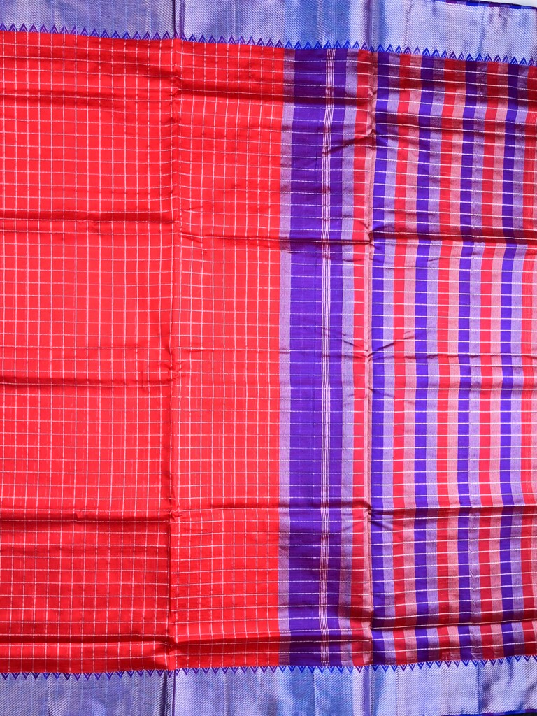 Mangalagiri fancy saree red color allover checks & zari border with stripes pallu and contrast plain blouse