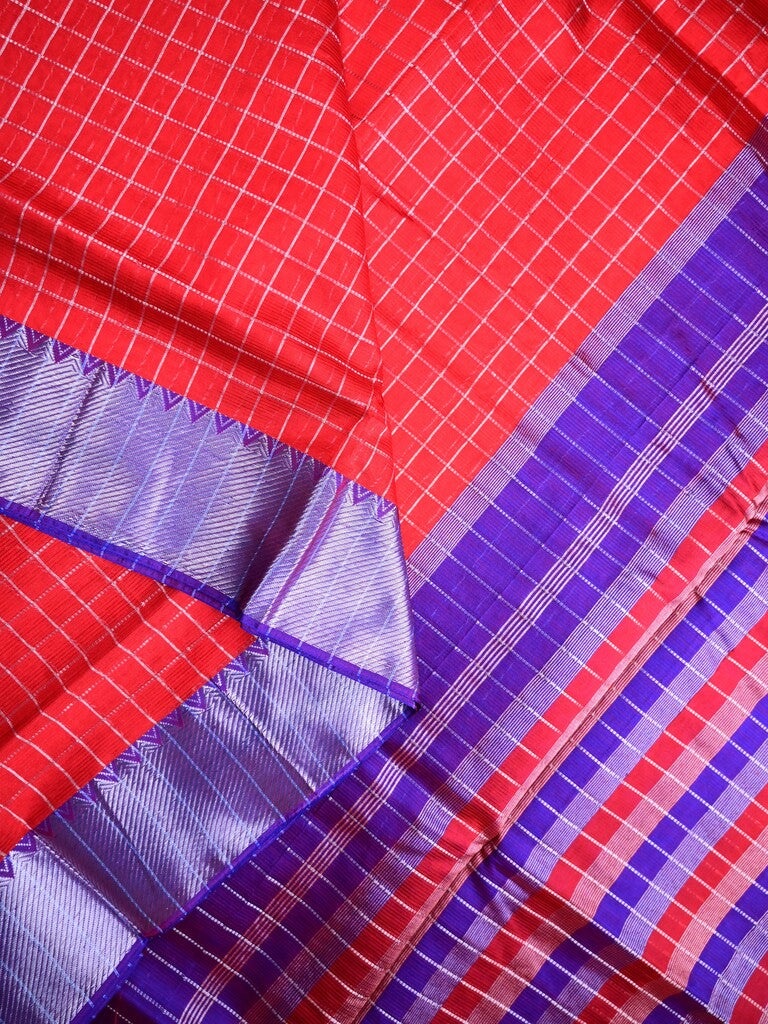 Mangalagiri fancy saree red color allover checks & zari border with stripes pallu and contrast plain blouse