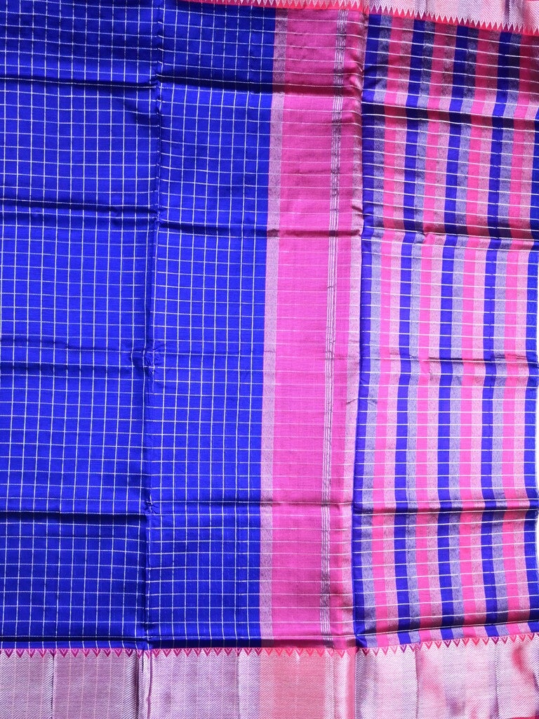 Mangalagiri fancy saree royal blue color allover checks & zari border with stripes pallu and contrast plain blouse