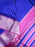 Mangalagiri fancy saree royal blue color allover checks & zari border with stripes pallu and contrast plain blouse