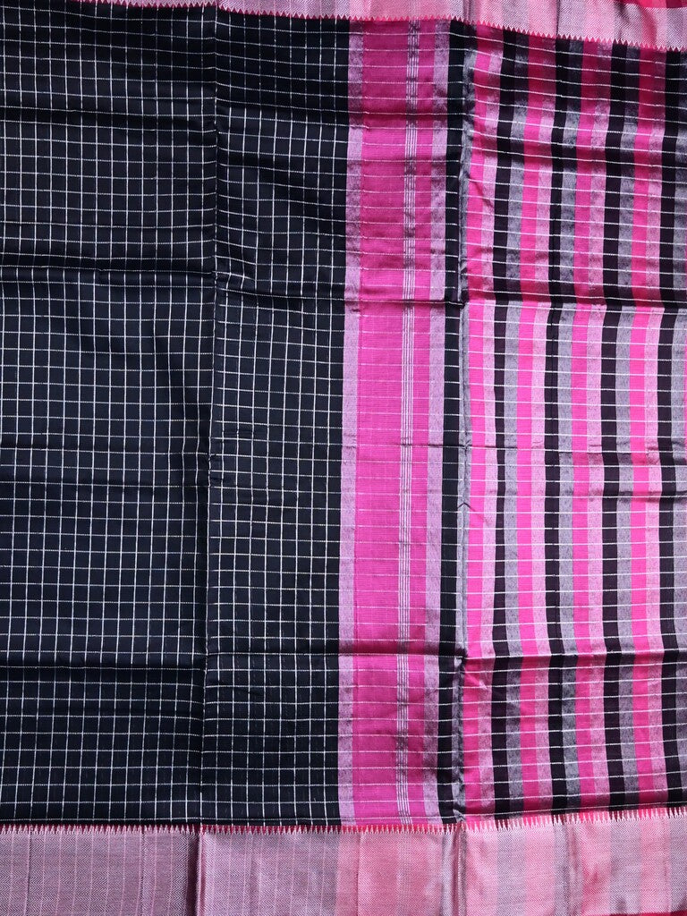 Mangalagiri fancy saree black color allover checks & zari border with stripes pallu and contrast plain blouse