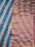 Maheswari fancy saree sky blue and navy blue color allover stripes & zari border with contrast pallu and printed blouse