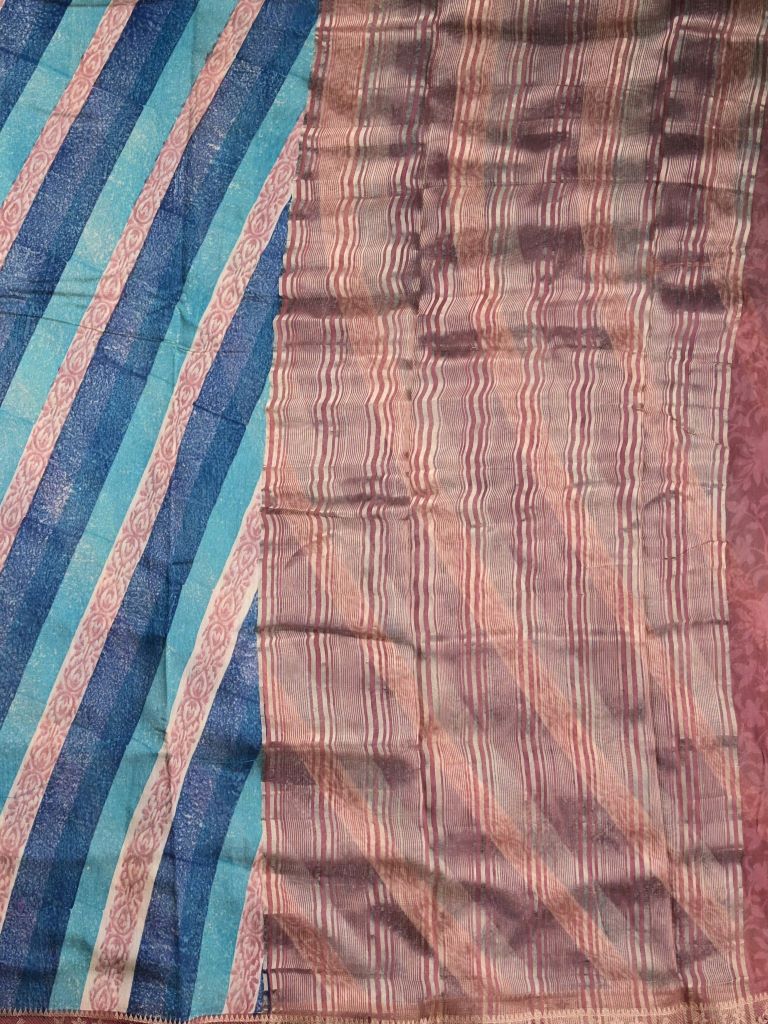 Maheswari fancy saree sky blue and navy blue color allover stripes & zari border with contrast pallu and printed blouse