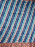 Maheswari fancy saree sky blue and navy blue color allover stripes & zari border with contrast pallu and printed blouse