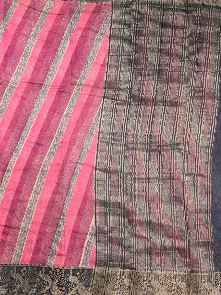 Maheswari fancy saree pink color allover stripes & zari border with contrast pallu and printed blouse