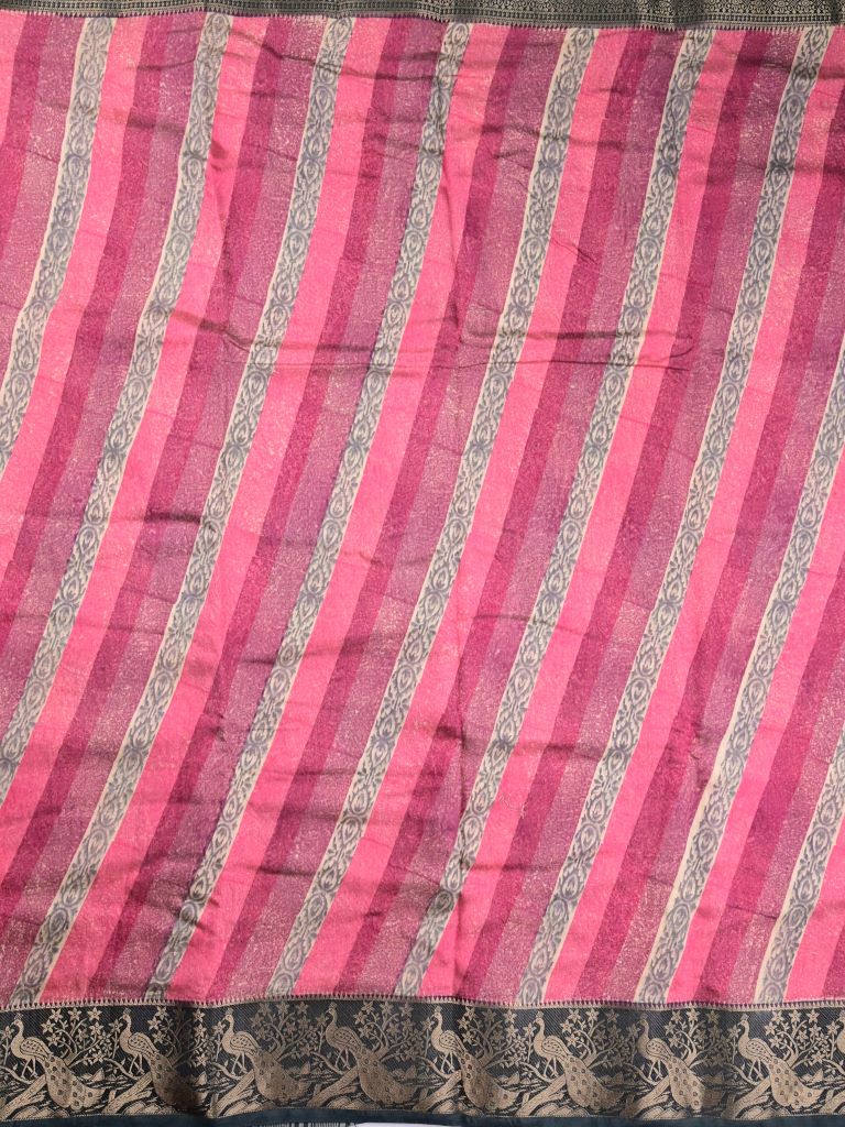 Maheswari fancy saree pink color allover stripes & zari border with contrast pallu and printed blouse